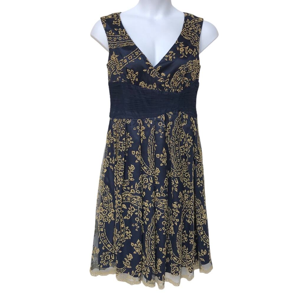 Coldwater Creek Midnight Blue and Gold Sequined Fit + Flare Cocktail Dress sz 12